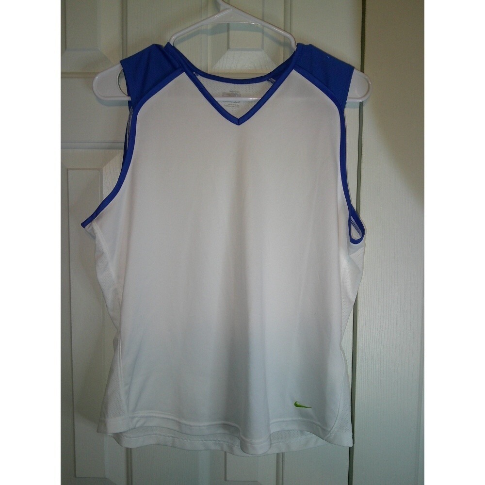 Nike Athletic Tank Top Sleeveless V-Neck‎ White Blue Activewear Top Size L